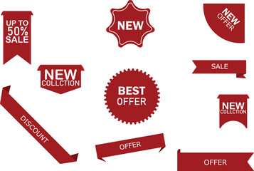 Set of Red Promotional Labels and Badges Featuring Sale, Discount, New Collection, Best Offer, and Special Offer Designs.