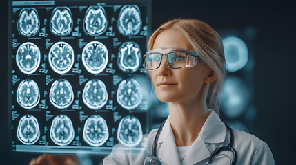 Female medical professional analyzing brain MRI scans in a clinical setting
