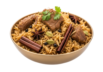 A golden bowl overflows with flavorful spiced rice and tender lamb, showcasing a vibrant array of aromatic ingredients.