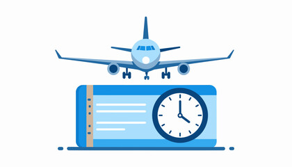 Travel time concept Airplane ticket with clock illustration, representing flight booking