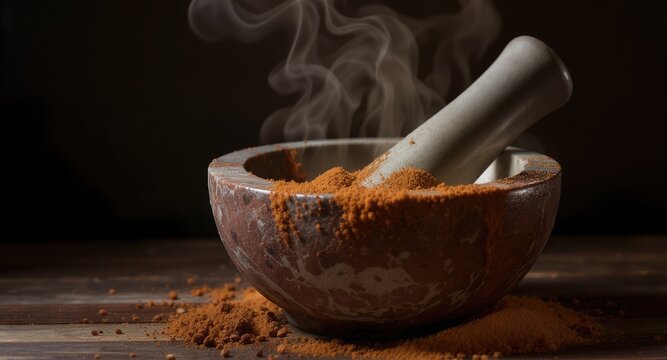 Mortar and Pestle with Spices and Steam.