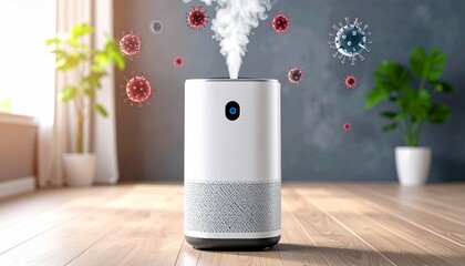 White air purifier emitting mist indoors near window, surrounded by illustrated virus particles to depict airborne purification.