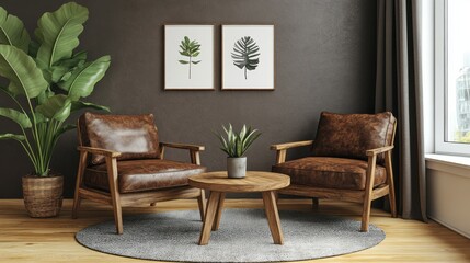 A cozy living room scene features two brown leather armchairs, a small wooden table, and tropical plants, creating a relaxed and inviting atmosphere.