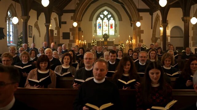 Congregation or Choir Singing Hymns in a Beautiful Historic Church during a Service