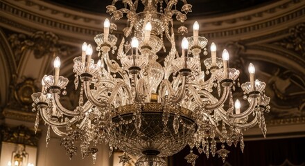 An ornate crystal chandelier with numerous lit bulbs hangs from a richly decorated ceiling featuring intricate gilded architectural moldings