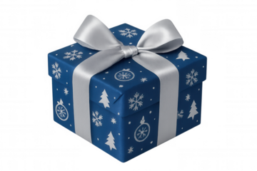 Holiday gift box with silver ribbon, blue wrapping paper, featuring snowflakes and christmas tree patterns, transparent background
