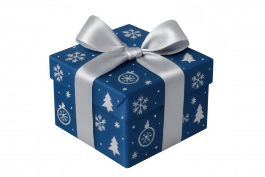 Holiday gift box with silver ribbon, blue wrapping paper, featuring snowflakes and christmas tree patterns, transparent background - Powered by Adobe