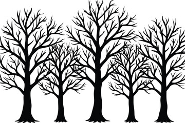 Obraz premium Black silhouette of five bare trees in winter nature
