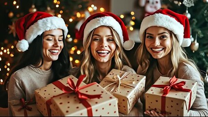 Three women in santa hats holding presents in front of a christmas tree - Powered by Adobe