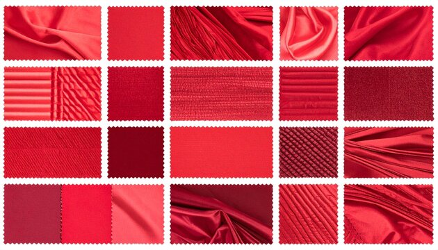 Grid of 20 red fabric swatches showcasing diverse textures, weaves, and finishes for textile comparison.