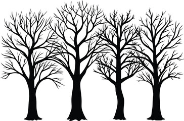 Obraz premium Four bare trees in silhouette against white winter