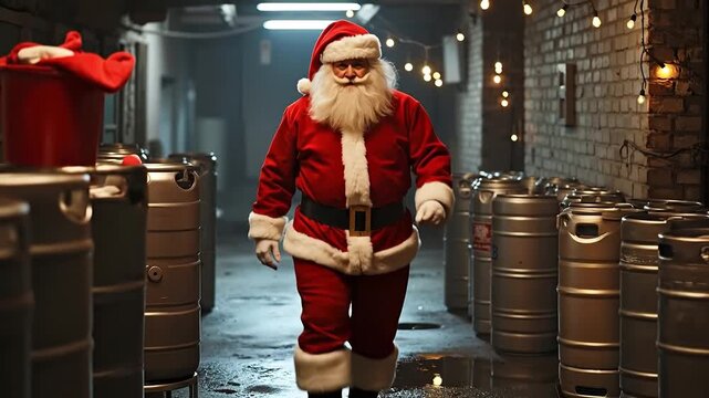 A man dressed as Santa Claus walking through a room filled with beer kegs