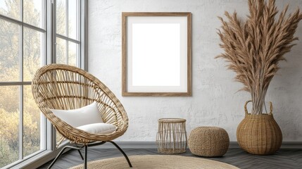 A cozy, neutral-toned living room scene showcasing a wicker chair, pampas grass, and decorative baskets, all set against a backdrop of a large, blank frame.