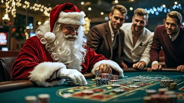 A man dressed as Santa Claus playing craps in a casino