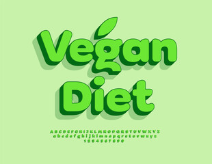 Vector Healthy emblem Vegan Diet. Bright Green Round Font. Cute 3D Alphabet Letters and Numbers set.