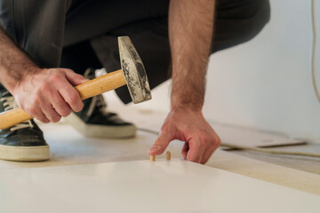 Carpenter installing wooden dowel with hammer during furniture assembly