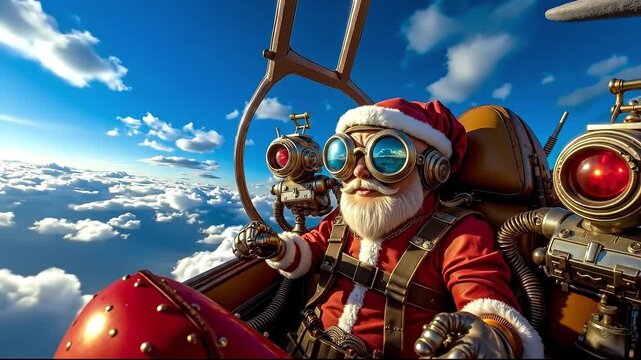 A santa claus is sitting in a steampunk airplane in the sky