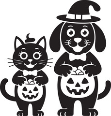 Halloween cat and dog trick or treat silhouette cute vector