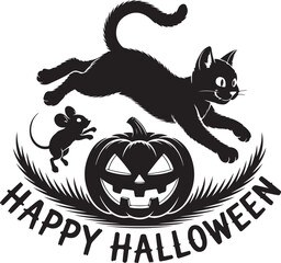 Halloween cat and mouse pumpkin silhouette vector