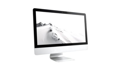 Sleek silver all-in-one desktop computer displaying a monochrome mountain landscape image on its large, vibrant screen
