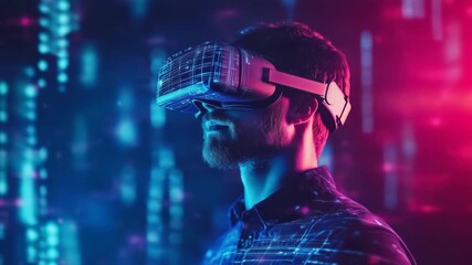 Software engineer wearing vr headset exploring virtual reality environment - Powered by Adobe