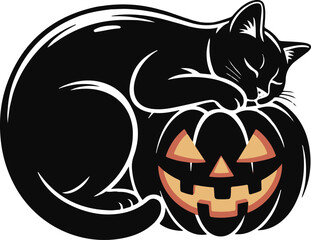 Halloween cat with jack o lantern silhouette vector