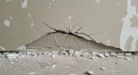 Cracked drywall with debris on floor in a damaged room  