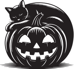 Halloween cat with jack o lantern silhouette vector
