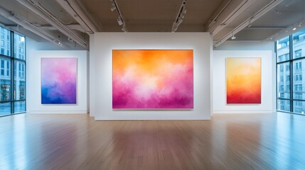 Three abstract paintings, exhibiting soft color gradients, hang in a modern gallery space, evoking a tranquil and reflective atmosphere.