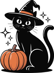 Halloween cat with witch hat silhouette vector