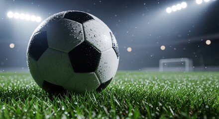 Fototapeta premium Close-up soccer ball on wet grass field under stadium lights at night