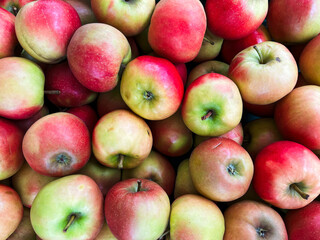 A top view photo of ripe apples neatly arranged and filling the entire frame. The apples create a colorful food background, perfect for themes of health, nutrition, farming, and seasonal harvest.