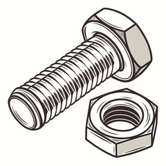 Detailed illustration of a single hex head bolt and a matching nut on a white background