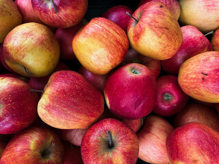 A top view photo of ripe apples neatly arranged and filling the entire frame. The apples create a colorful food background, perfect for themes of health, nutrition, farming, and seasonal harvest.