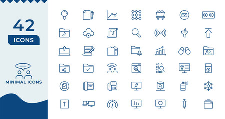 Collection of 42 diverse line icons representing business and technology concepts simple outline graphics
