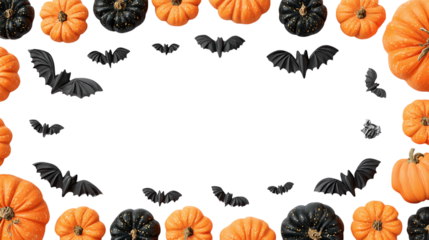 Decorative frame of pumpkins and bats arranged symmetrically isolated on transparent background 