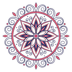 Intricate floral mandala design with pink navy blue and white geometric petal shapes and swirling decorative elements