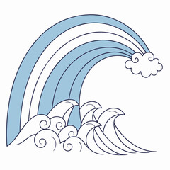Stylized blue rainbow arching over crashing ocean waves and a fluffy cloud
