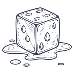 Stylized hand drawn illustration of a melting ice cube shaped like a die with water droplets and puddles