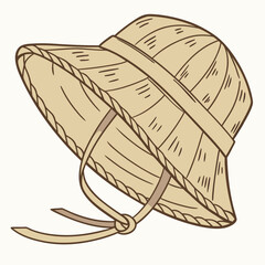 Traditional asian conical straw hat with chin strap hand drawn illustration on a white background
