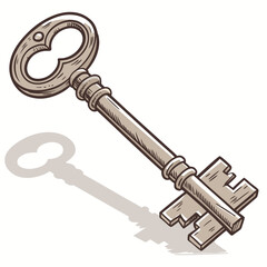 Vintage skeleton key with ornate bow and detailed bit casting a shadow on white background