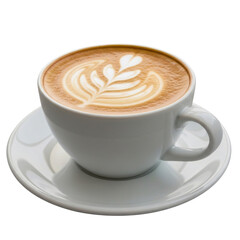 Side Angle Latte in White Cup with Leaf Latte Art on Saucer, Warm Presentation, isolated on White Background
