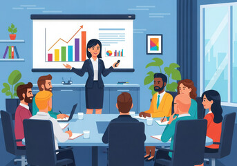 Business woman presenting a financial growth chart to a diverse team in a modern office
