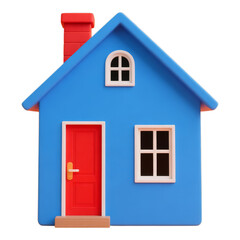 Blue House with Red Door and Chimney, 3D Realism Design Element with Transparent Background