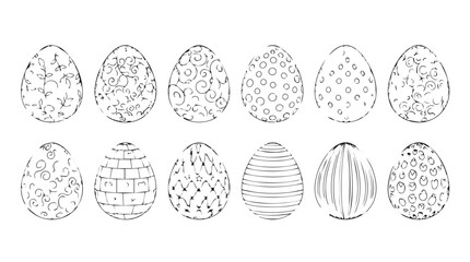 Collection of twelve hand drawn easter eggs with intricate patterns and designs silhouette