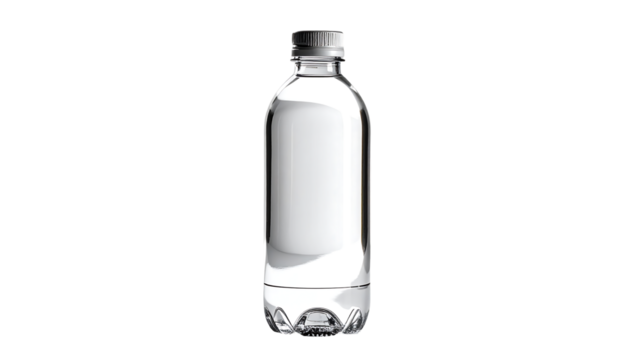 Clear plastic bottle, slightly curved, with a screw-on cap and subtle base indentations, presented against a black background