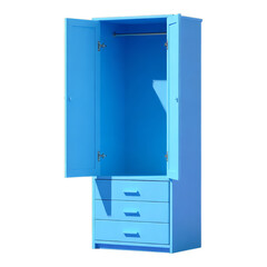 Blue Wardrobe with Drawers, Open Doors on Transparent Background, 3D Realism Asset