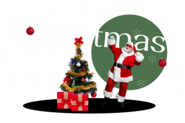 Trend artwork sketch image photo collage of merry christmas new year holiday celebration aged man santa claus eve tree present box