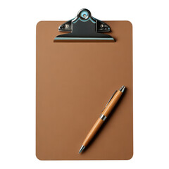 Brown Clipboard with Wooden Pen, Transparent Background, Minimalist Design Element