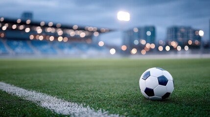 Soccer Ball on Green Field at Stadium Corner Line Under Overcast Sky with Glowing Lights